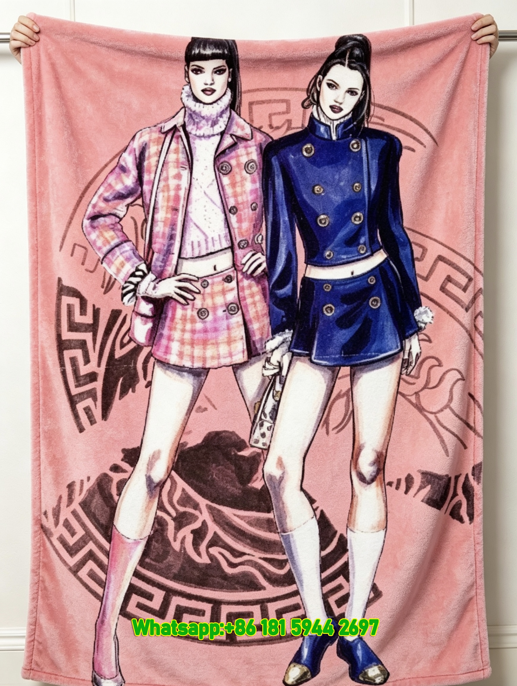 Versace Pink Blue Fashion Illustration Print Flannel Throw Blanket Luxury Sofa Cover Blanket IMG_1696